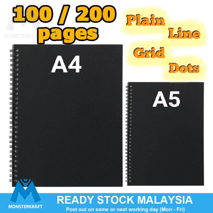 โน๊ตบุ๊ค A4 A5 Sketch Book Spiral Wire O Planner Journal Black Notebook Buku Nota Plain Line Dot Gri