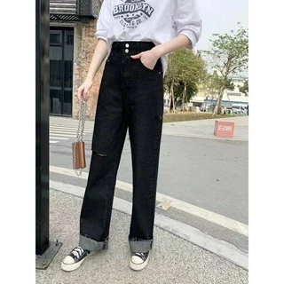 👖👖 MKL ⚡🚚 กางเกงยีนส์เอวสูง ขาบาน แต่งขาดสองข้าง 💖#8012