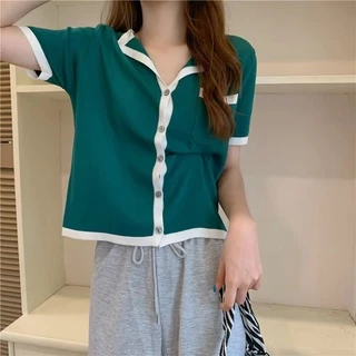 Cicishop(7939)เสื้อไหมพรมแขนสั้น กระดุมน่ารักสีพาสเทลน่ารัก