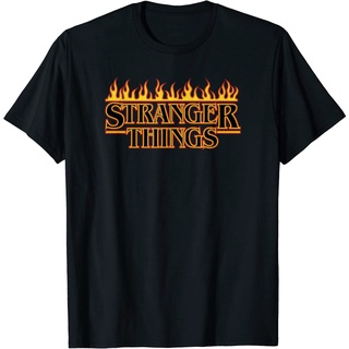 เสื้อยืดสีดำอินเทรนด์เสื้อยืด พิมพ์ลายโลโก้ข้อความ Stranger Things 4 Flames V3S M L   XL  XXL