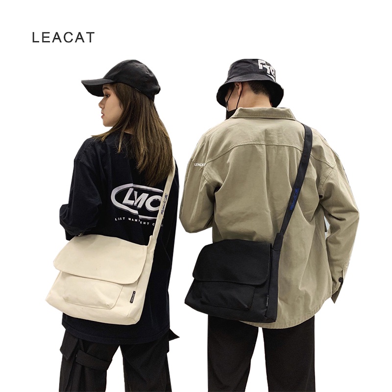 Leacat กระเป๋าสะพายไหล่ กระเป๋าถือ ผ้าแคนวาส ลายตัวอักษร สไตล์มินิมอล สําหรับสตรี นักเรียน