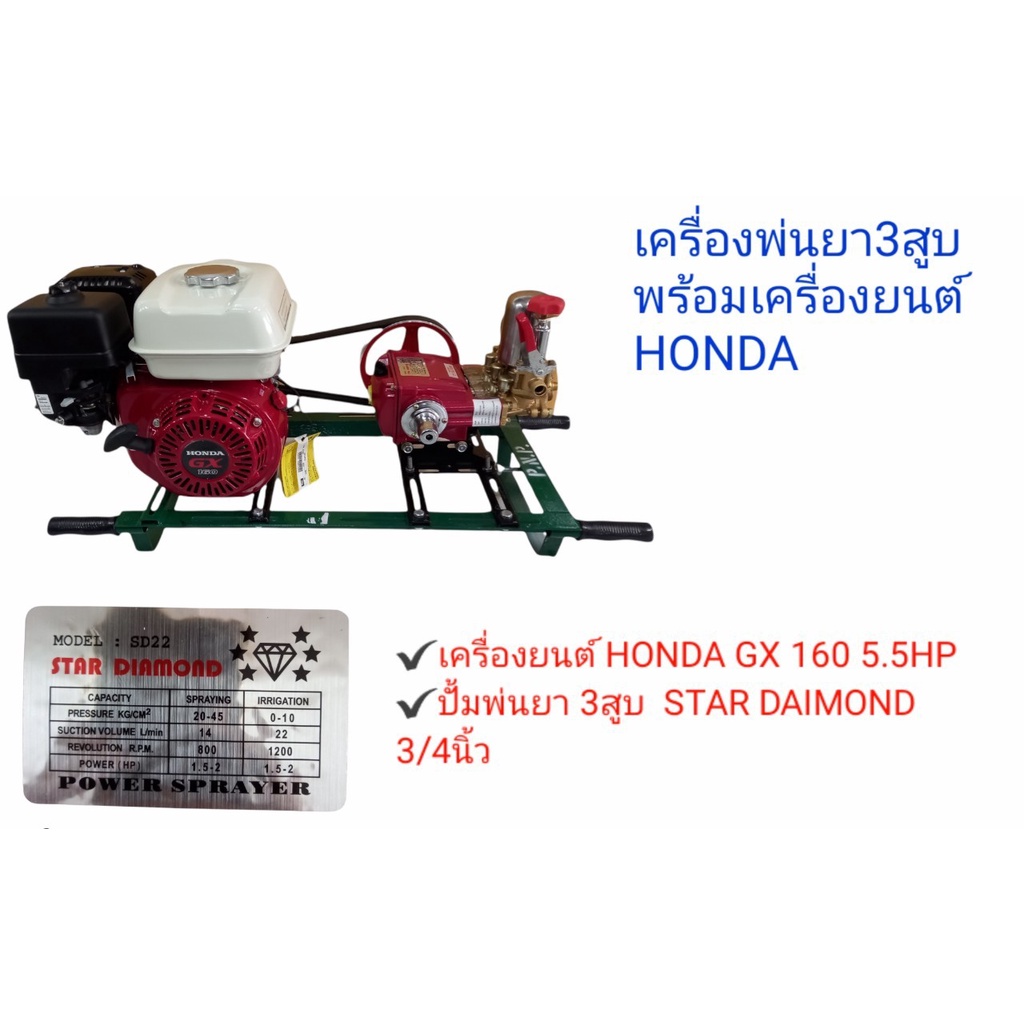 ปั๊มพ่นยา เครื่องพ่นยา 3 สูบพร้อมเครื่องยนต์ Honda GX160 (5.5HP) (01-2644)