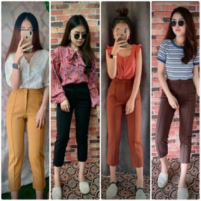 maymuse saleกางเกง7ส่วนเอวสูงขาเดฟตะขอหน้า กางเกงทำงาน ตีเกล็ดผ้าโรเชฟป้าย beer&oil