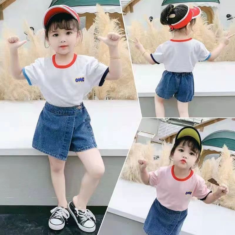ชุดเซ็ทแฟชั่น กระโปรงยีนส์เด็กผู้หญิงแขนสั้น ชุดกระโปรงยีนส์เด็กแฟชั่นเกาหลี เอี้ยมกระโปรงยีนส์