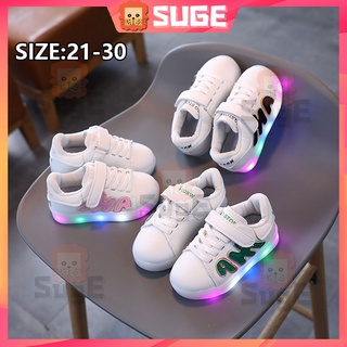 【Suge】รองเท้าผ้าใบลําลอง มีไฟ LED พื้นนิ่ม กันลื่น เรืองแสง สีขาว สําหรับเด็กผู้ชาย และเด็กผู้หญิง เหมาะกับการเล่นกีฬากลางแจ้ง