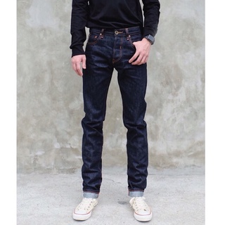 Blacksheepjeans กางเกงยีนส์ Jeans ผู้ชาย ขายาว ผ้าดิบ18oz.ริมส้ม ทรงกระบอกเล็ก Slimfit รุ่น BSMSF-180808 สีน้ำเงินเข้ม