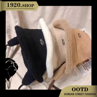 UGG lamb wool หมวกชาวประมง ขนแกะแบบสองด้าน หมวกผ้ากำมะหยี่ในฤดูใบไม้ร่วงและฤดูหนาว