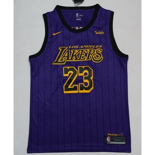 ใหม่ NBA Los Angeles Lakers สําหรับผู้ชาย 2021 #เสื้อกีฬาบาสเก็ตบอล ปักลาย LeBron James 23 ลายทาง สีม่วง