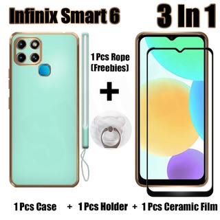 3 IN 1 เคส Infinix Smart 6 พร้อมกระจกนิรภัยโค้ง ป้องกันหน้าจอเซรามิค และตัวยึด ซิลิโคนนุ่ม สายคล้อง เคสโทรศัพท์