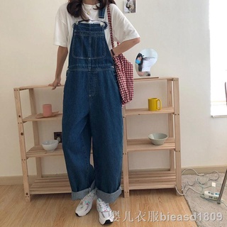 ●Fried street ฤดูใบไม้ร่วงและฤดูหนาวเสื้อผ้าญี่ปุ่น retro bright line tooling denim overalls ผู้หญิงขากว้างหลวมและบางกาง