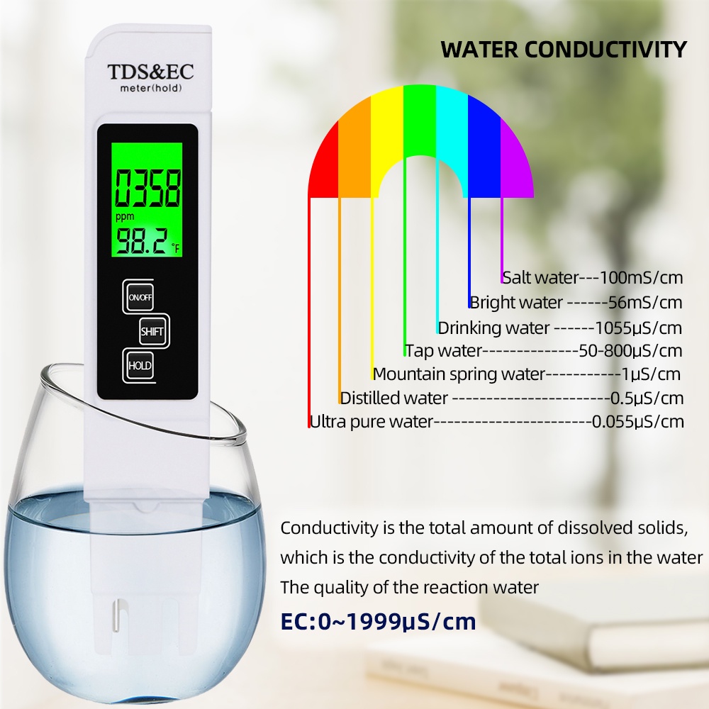In1 TDS/Temp/EC Meter TDS&EC Tester 09990ppm Conductivity Detector