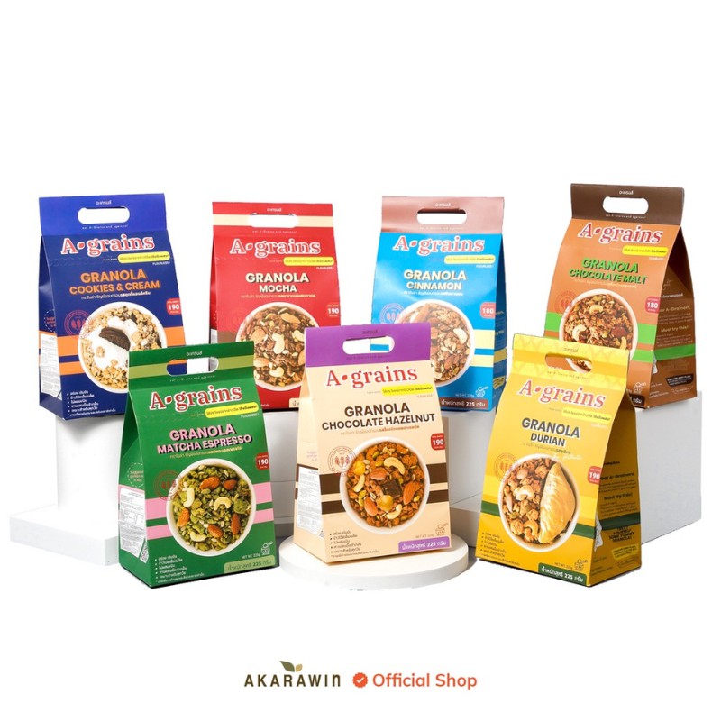 A-grains อะเกรนส์ กราโนล่า ธัญพืชอบกรอบ 225g. (เลือกสูตรได้)