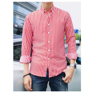 เสื้อเชิ้ตผู้ชายแขนยาว (สีแดงลายทาง) เนื้อผ้าฝ้าย เนื้อนุ่ม ใส่สบาย ราคาถูก