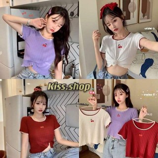 Kiss.shop🌟พร้อมส่ง🌟เสื้อยืดแขนสั้น ปักลายเชอรี่น่ารักตะมุตะมิ(YTT)