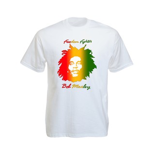 เสื้อยืดราสต้า Tee-Shirt Bob Marley Freedom Fighter เสื้อยืดสีขาว/สีดำลายใบหน้า Bob Marley Freedom Fighter White/Black