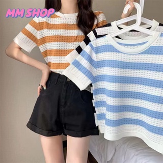 MM shop❤️#83101 พร้อมส่ง เสื้อไหมพรมคอกลม แขนสั้น ลายทางใหญ่น่ารัก ซีทรูนิ่มๆใส่สบาย
