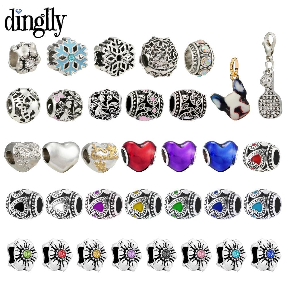 Dinglly สีเงิน ลูกปัดหัวใจ สีแดงและน้ําเงิน ม่วง เคลือบ พอดี แบรนด์ เสน่ห์ สร้อยข้อมือ เครื่องประดับ