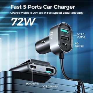 หัวเสียบในรถ 5 Multi-port QC3.0+PD Fast Car Charger Adapter 5ft cable for Front/Back Seat Charging