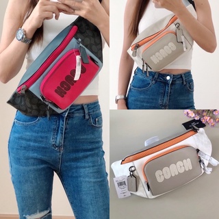 🎀 (สด-ผ่อน) คาดอก 16 นิ้ว ลายซีสีขาวเทา ชมพู C8129 Track Belt Bag In Colorblock With Patch