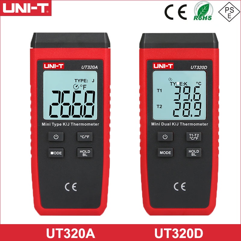 Uni-t UT320A UT320D เครื่องวัดอุณหภูมิ เทอร์โมมิเตอร์ เทอร์โมคัปเปิล ขนาดเล็ก ชนิดสัมผัส ช่องคู่ K/J