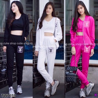 (7659) Set Sport 3 ชิ้น แจ็คเก็ตมีฮู้ทพิมพ์ลายสกรีนหน้า