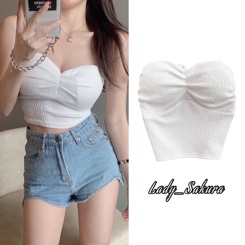 Lady_Sakura 0055/XH.GE#เสื้อครอปเกาะอกมีฟองน้ำแต่งจิตด้านหน้า#เสื้อแฟชั่นไหมพรมเว้าอกยางยืดด้านหลัง