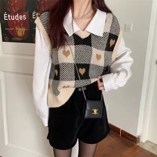เสื้อกั๊ก คอวี ผ้าถัก แบบนิ่ม ลายสก๊อต รูปตัว H ขนาดเล็ก ทรงหลวม
