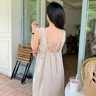 พร้อมส่ง ✨🥐 beige vest dress C2656 เดรสยาวมินิมอล เดรสยาวโบว์หลัง