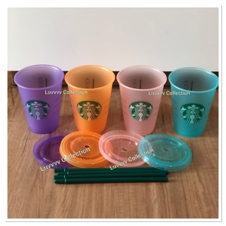 2019 Set of 4 Starbucks Grande Colored Reusable Cold cups 16 oz lid Philippines.