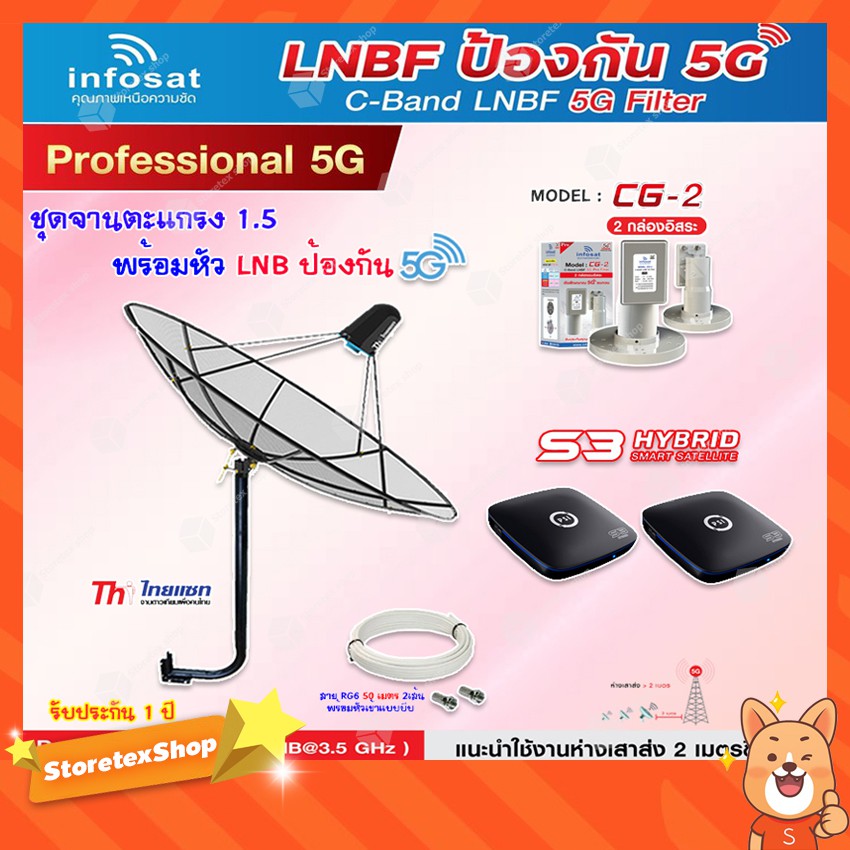 Thaisat C-Band 1.5M (ขางอ 100 cm.Infosat) + Infosat LNB C-Band 5G 2จุด รุ่น CG-2 + PSI S3 HYBRID 2 กล่อง+สายRG6 50 m. x2