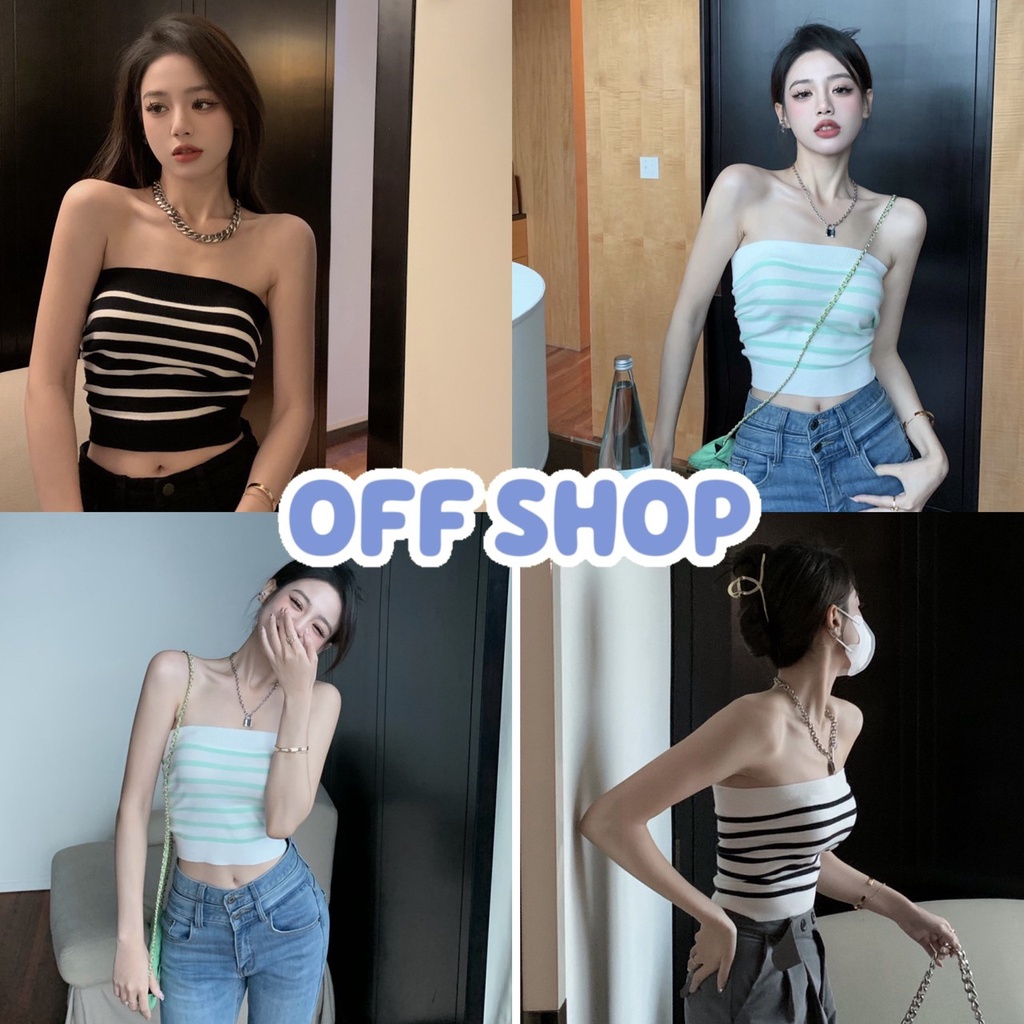 OFF SHOP พร้อมส่ง (OFF-5275) เสื้อเกาะอกไหมพรม ผ้านิ่มลายทางใส่สบายน่ารักเกาหลีมาก