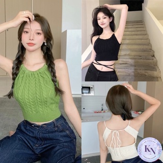 🎏Korea NEW เสื้อครอปไหมพรมถักลายเกลียว สายเดี่ยวผูกด้านหลัง 3 สี เขียว เบจ ดำ