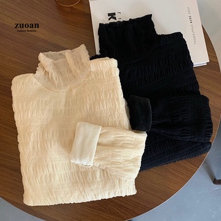 Suxi Basic Slim T-shirt Winter New High Neck Lace Plush Long Sleeve Shirt Women T-shirt Tops