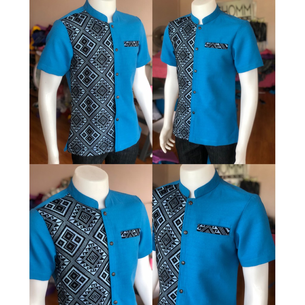 เสื้อเชิ้ต ผ้าไทย คอจีน ฟ้าขิด (อัดผ้ากาว)