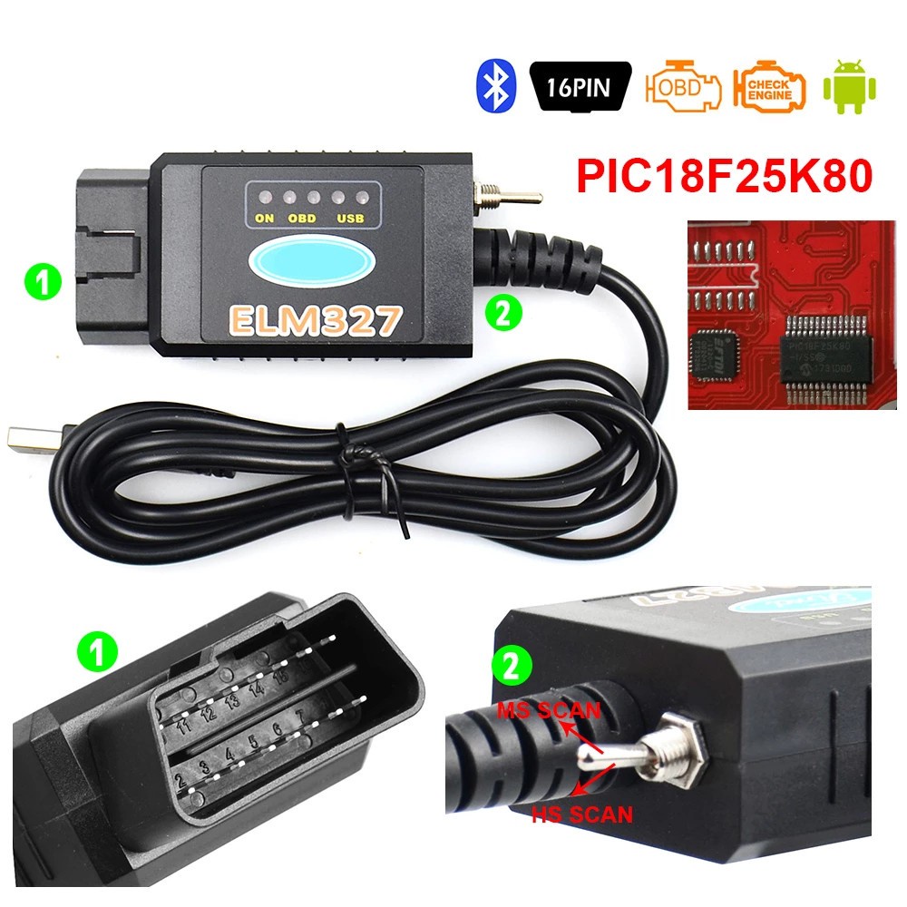 Elm327 เครื่องอ่านโค้ด USB V1.5 Pic18F25K80 สําหรับ Ford HS Can MS Can Elm 327 บลูทูธ OBD2