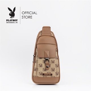 PLAYBOY กระเป๋าสะพายข้างชายคาดอก ลิขสิทธิ์แท้ ST-B223PBM195-BR ดีไซน์ทรงเป้ PVC โมโนแกรม สีน้ำตาล