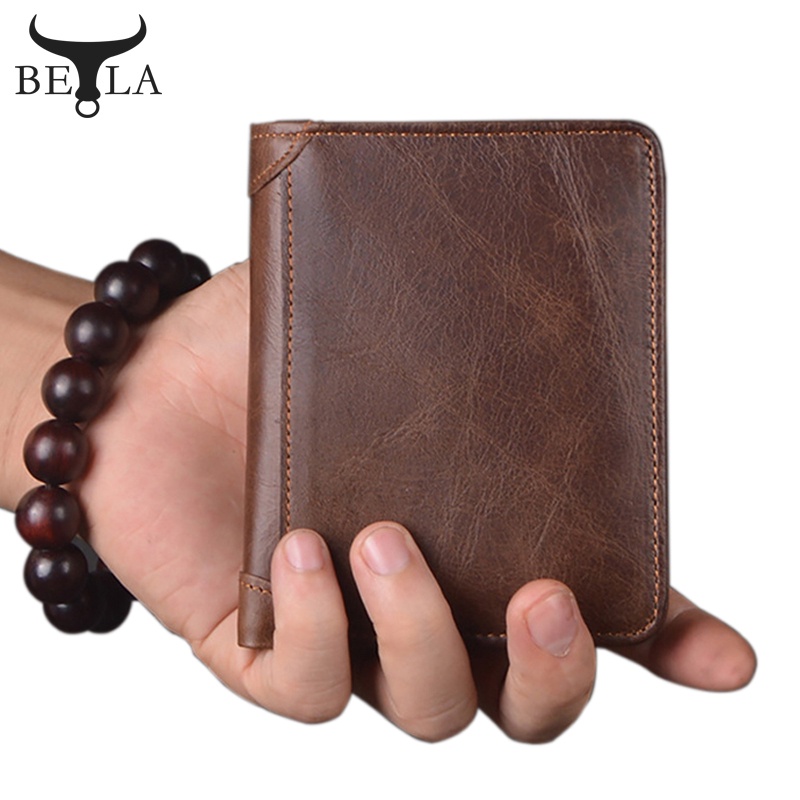 Bela กระเป๋าสตางค์หนังแท้ผู้ชายกระเป๋าสตางค์สั้น Rfid Blocking BIfold กระเป๋าแบบพกพาการออกแบบขนาดเล็ก