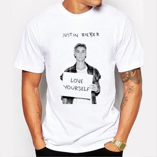 เสื้อยืดสุดเท่เสื้อยืดแขนสั้นผ้าฝ้ายสีขาว Justin Bieber HoleSto5XL