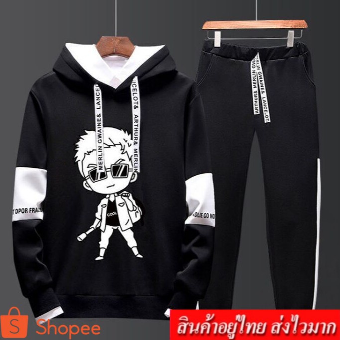 LEO.MAN ชุดเซต 2 ชิ้น เสื้ัอแขนยาว มีฮูด + กางเกงขายาว เอวยางยืด สกรีนลาย รุ่น 664