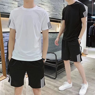 ชุดกีฬา เสื้อพร้อมกางเกงขาสั้น แบบ Unisex แถบ 3 ขีด ใส่วิ่งออกกำลังกาย ใส่สบายแห้งเร็วระบายอากาศดี