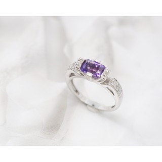 แหวนเงินแท้ 925 ประดับอเมทิสต์ Amethyst Emerald cut. ประดับเพชรcz. แถวคู่ดีไซน์หรูดูแพง