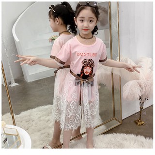 280 :   เสื้อผ้าเด็ก พร้อมส่ง - ชุดเซ็ต 2 ชิ้น เสื้อยืดตัวยาวสีชมพู + ผ้าลูกไม้ ผูกเป็นกระโปรง ( เด็กเล็ก เด็กโต )