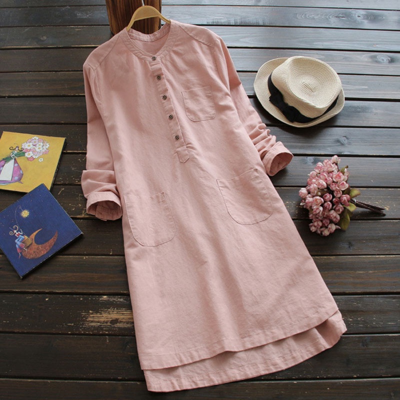 ZANZEA Women Loose Casual Stand Collar Long Sleeve Long Dress
