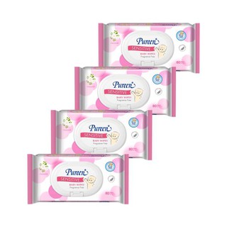 Pureen Baby Wipes เพียวรีน เบบี้ไวพ์ Pure And Mild/Sensitive แพ็ค 80 แผ่น 4 ห่อ (17548)