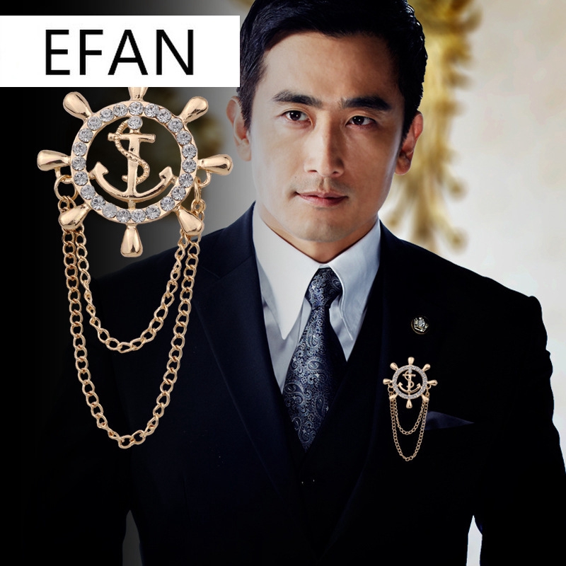 Gold Siver แฟชั่น Navy Pin หญิงชาย Fringe Chain เพชรหางเสือผู้ชายชุด Corsage เรือ Anchor เข็มกลัด