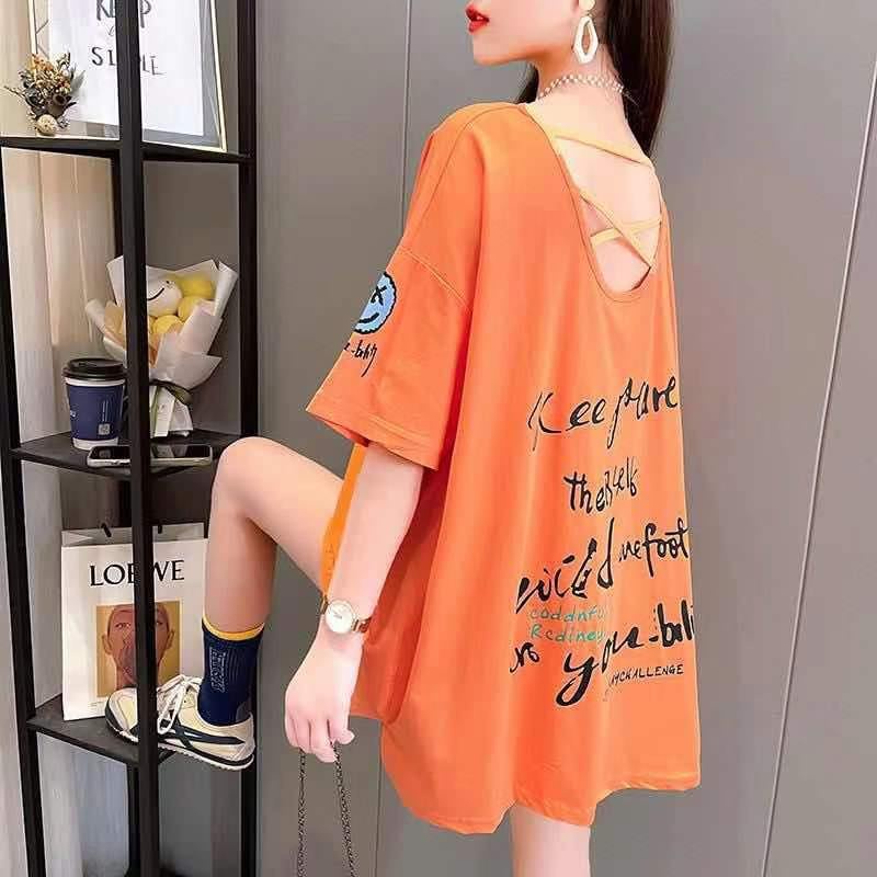 เสื้อแขนสั้นคอวี Oversize (อก 50-64 นิ้ว) เสื้อแฟชั่น พิมพ์ลาย ไขว้หลัง ผ้าคอตตอล สินค้าพร้อมส่ง A31