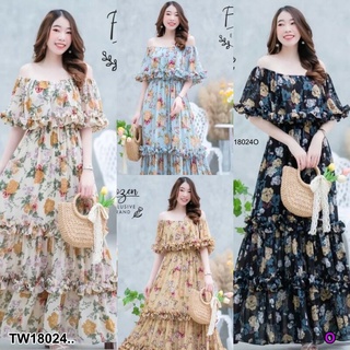 TT18024 แม็กซี่เดรสยาว เปิดไหล่ลายดอกไม้ .long maxi dress open shoulder floral pattern ..