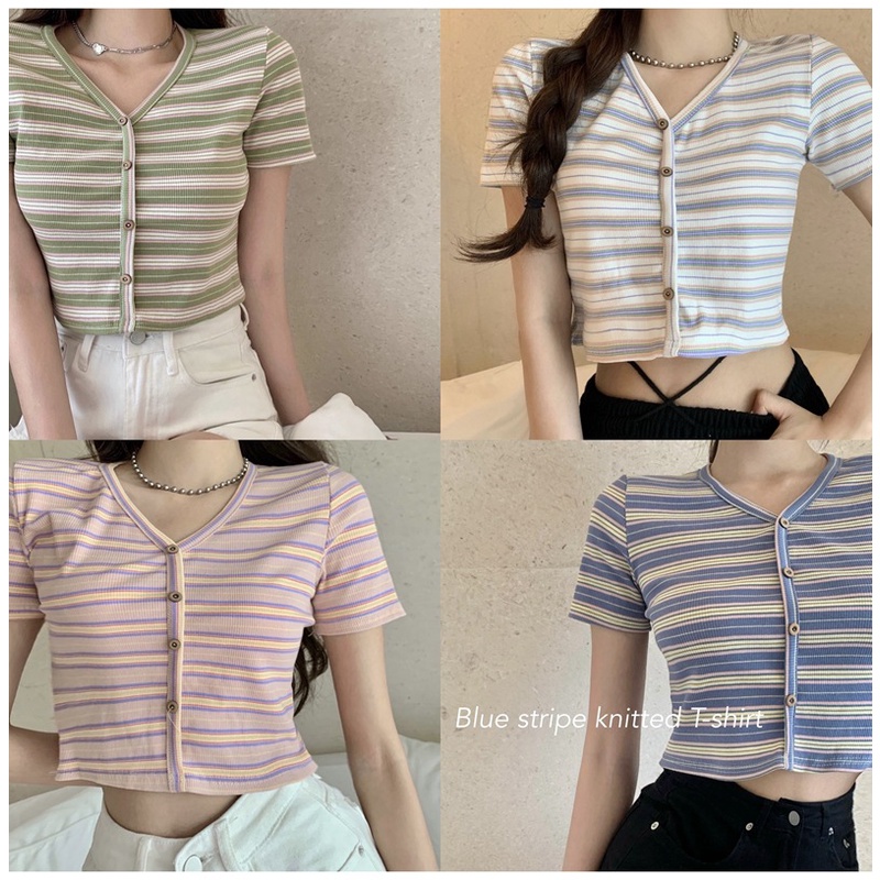 เสื้อครอป เสื้อยืดครอปคอวี ลายทาง น่ารัก พร้อมส่งแล้วค่าาาา
