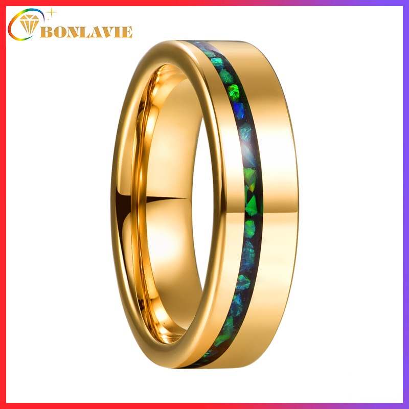 Bonlavie แหวนแต่งงาน ทังสเตนคาร์ไบด์ 6 มม. สีเขียวโอปอล มาลาไคท์ ขอบโดม ใส่สบาย กันรอยขีดข่วน ไซส์ 5-14 สําหรับทุกเพศ