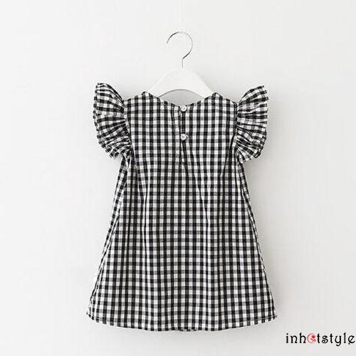 ชุดเดรสสำหรับเด็กผู้หญิงแขนสั้นลายสก็อตสีดำและสีขาว - รูปที่ 2